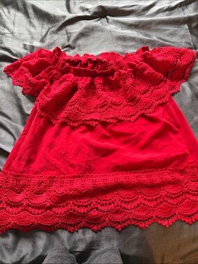 Red Off-Shoulder Crochet Trim Top